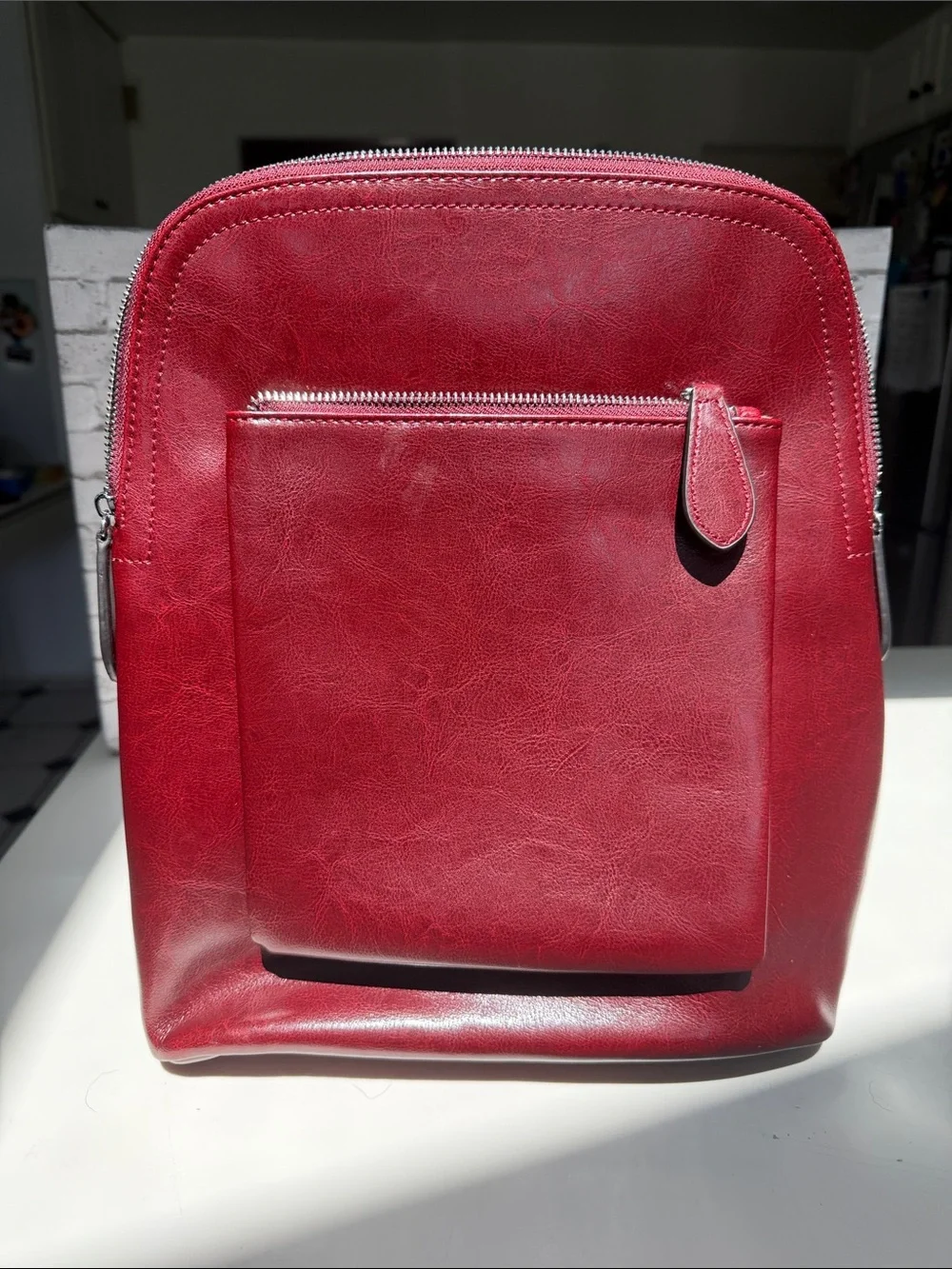 Red Leather Backpack with Front Zip Pocket